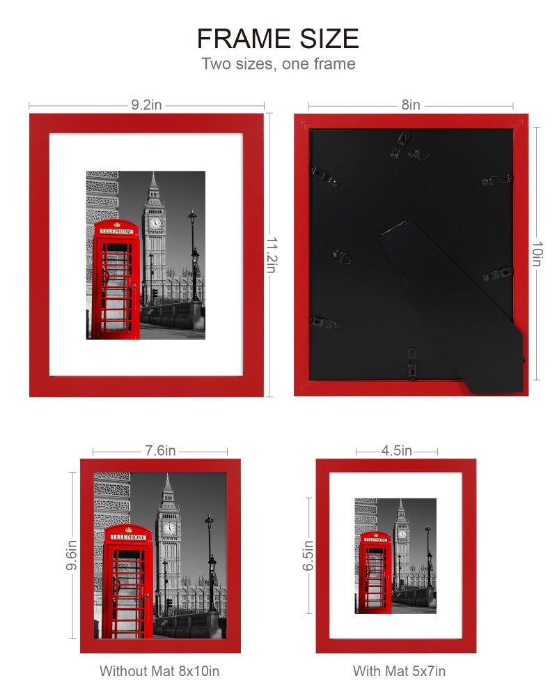 Hongkee إطار صور Hongkee مقاس 8 × 10 (4 عبوات، أحمر) مصنوع من الزجاج الحقيقي وإطار خشبي - عرض الصور مقاس 5 × 7 مع حصيرة أو 8 × 10 بدون حصيرة، وإطارات صور 8 × 10 وشاشة عرض على سطح الطاولة وتركيب على الحائط - Image 2